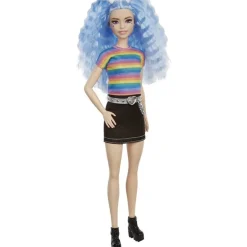 Barbie Fashion Doll & Beauty Cabello Azul, Blusa Rainbow, Minifalda y Botas