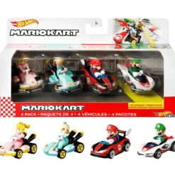 Hot Wheels Mario Kart Set de 4 Vehículos, Incluye: Mario, Luigi, Princesas