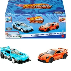 Hot Wheels Pull-Back Speeders 2 Pack Modelos: GT Scorcher & Porsche 911 GT3.Cuentan con Sistema de Fricción