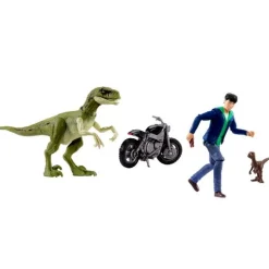 Jurassic World Animado Set de Juegos con Dos Dinosauiros, Motocicleta, Personaje Kenji y Realidad Aumentada