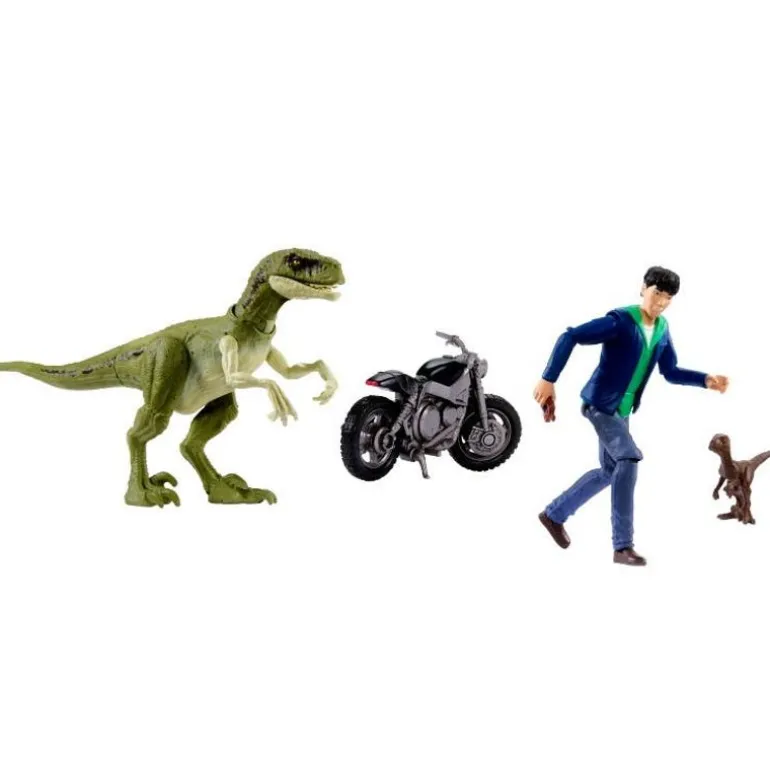 Jurassic World Animado Set de Juegos con Dos Dinosauiros, Motocicleta, Personaje Kenji y Realidad Aumentada
